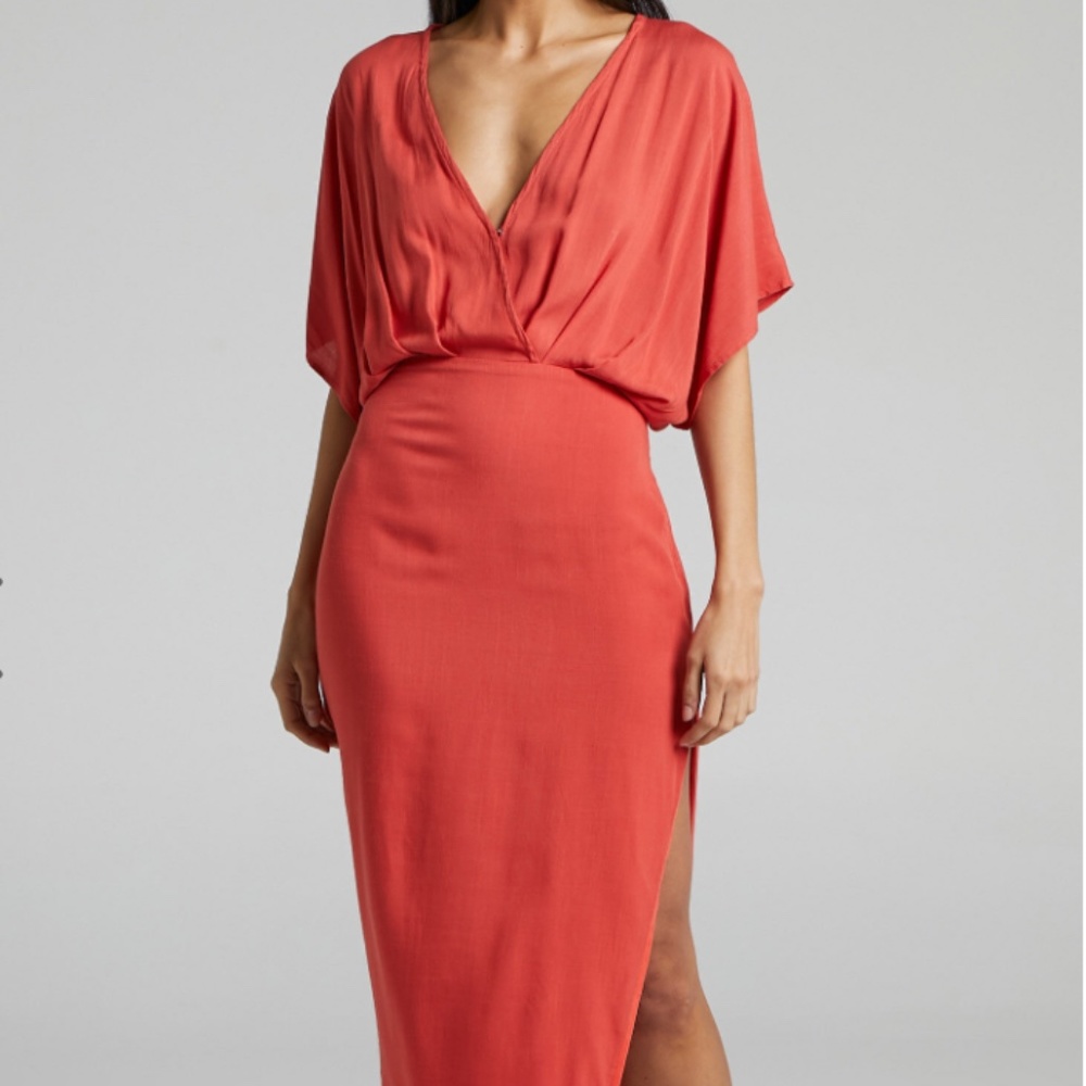 ShowPo SUNSHINE PLUNGE NECK MIDI DRESS IN BURNT ORANGE